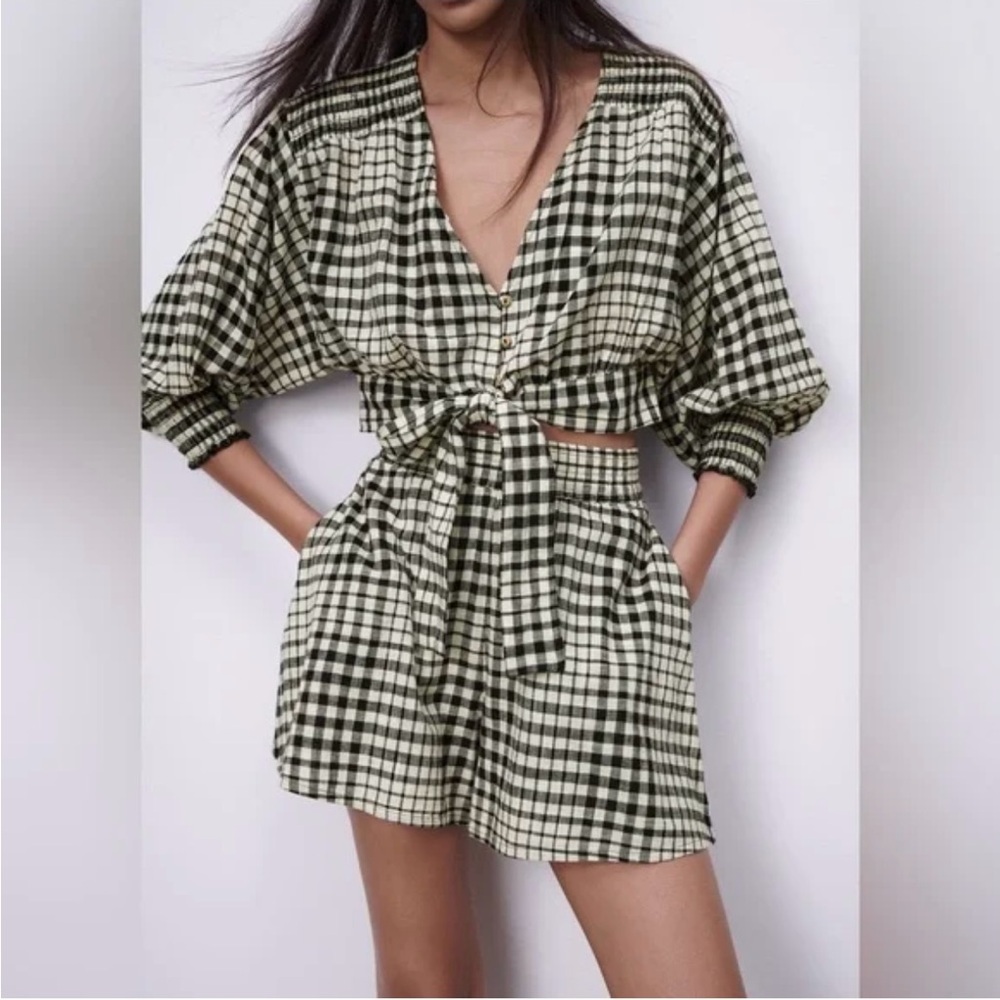 Zara Black Gingham Tie Crop Top & Shorts Linen Blend Women’s Sz M